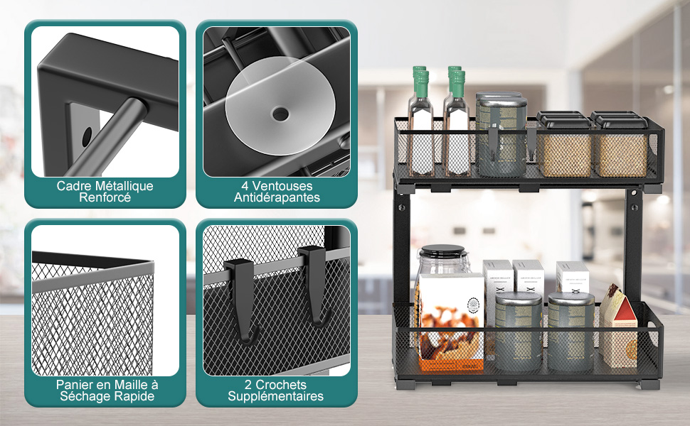 Housolution Rangement sous Évier en Métal,2 Niveaux Étagère sous Évier Coulissant de Cuisine avec Hauteur Réglable - Comparer avec