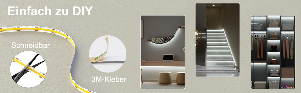 Collage mit LED-Streifenmerkmalen: zuschneidbares Design, selbstklebende Rückseite und verschiedene Installationsbeispiele in Wohnumgebungen wie Treppen