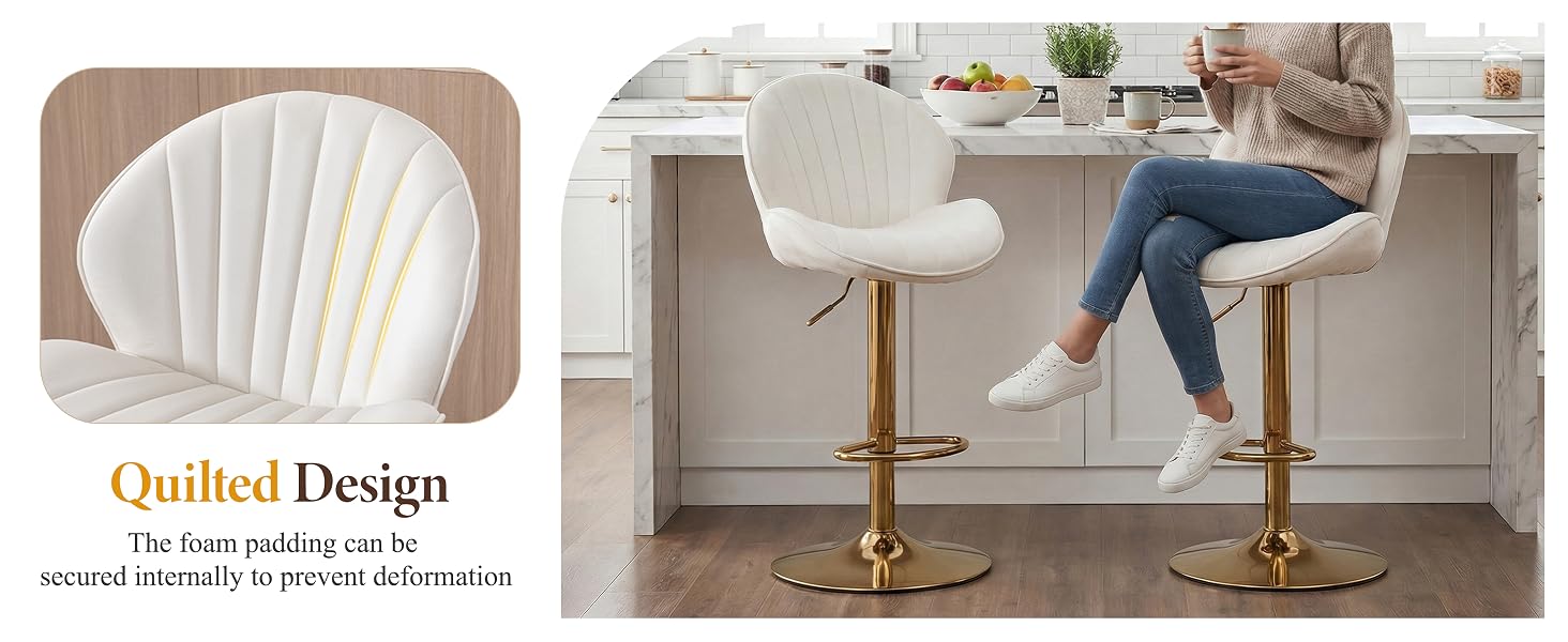 Text reads 'Quilted Design'. Shows white curved back dining chair with quilted pattern detail and demonstration of person sitting at counter height gold base stool.