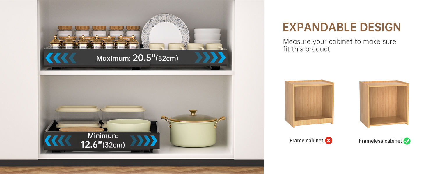 Adjustable shelf organizers with blue arrow designs, displaying expandable lengths. White shelves showcase kitchenware. Side panel illustrates expandable wooden cabinet designs.