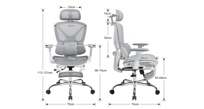 Technical diagrams showing dimensions and adjustability features of an ergonomic office chair from multiple angles, with measurements and directional arrows.
