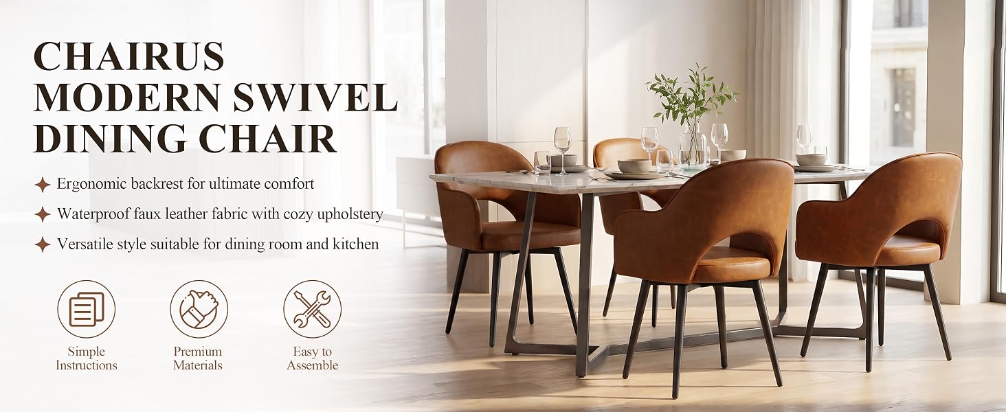 Text reads: 'CHAIR'S', 'MODERN SWIVEL', 'DINING CHAIR'. Three mid-century modern swivel dining chairs with curved backs in brown and tan upholstery around wooden dining table with place settings.