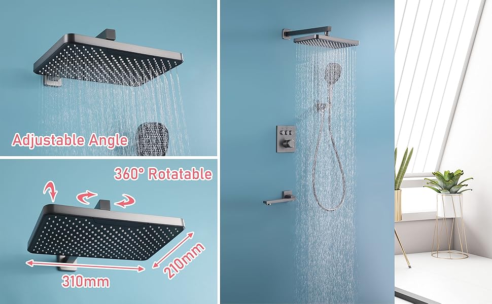 Plusieurs vues d'un pommeau de douche à effet pluie carré moderne avec démonstration du débit d'eau, monté au plafond dans la salle de bain.
