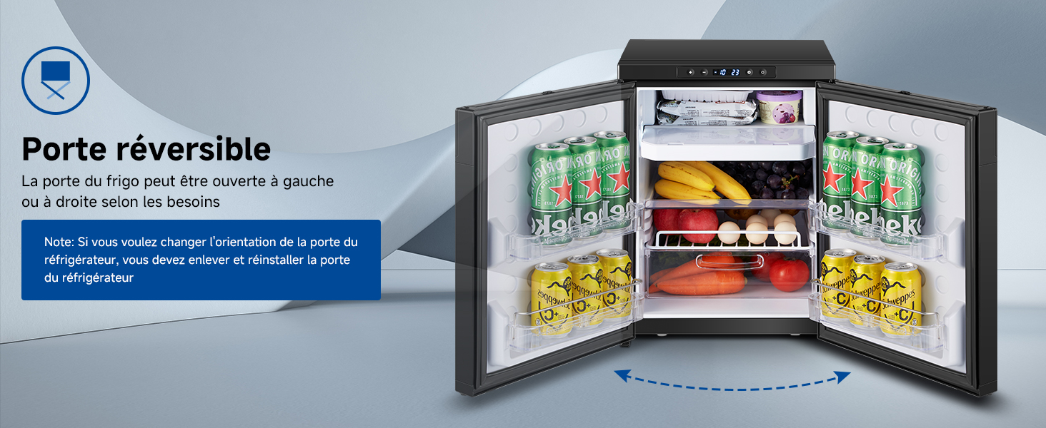 avec porte réversible. La vue intérieure montre des étagères remplies de boissons en conserve et de contenants alimentaires. Le diagramme indique que la porte peut s'ouvrir à gauche ou à droite.