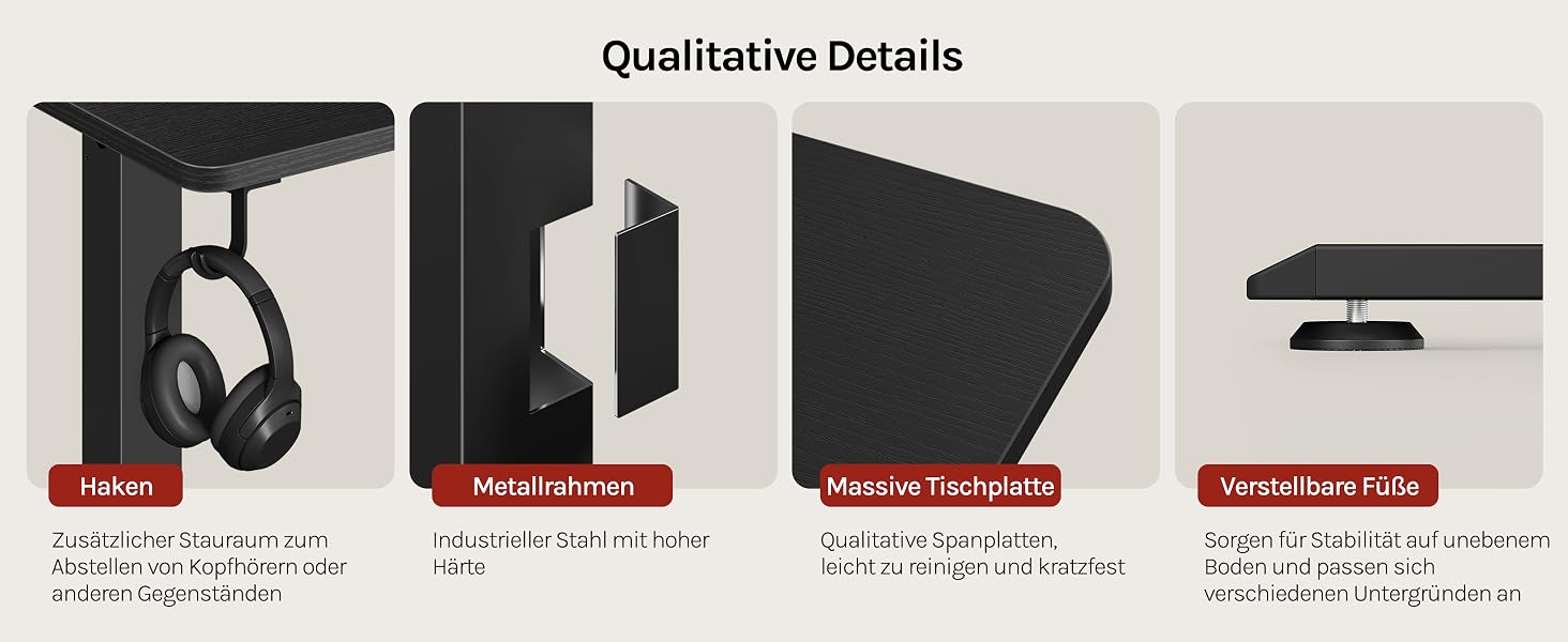Der Text lautet „Qualitative Details“. Vier Produktdetailseiten zeigen: Kopfhörer mit Aufbewahrungsetui, Stift- und Stylus-Komponente, Stoffbeutel und Ladekabel. Rote Etiketten unter jedem Artikel weisen auf Produktmerkmale und technische Daten hin.