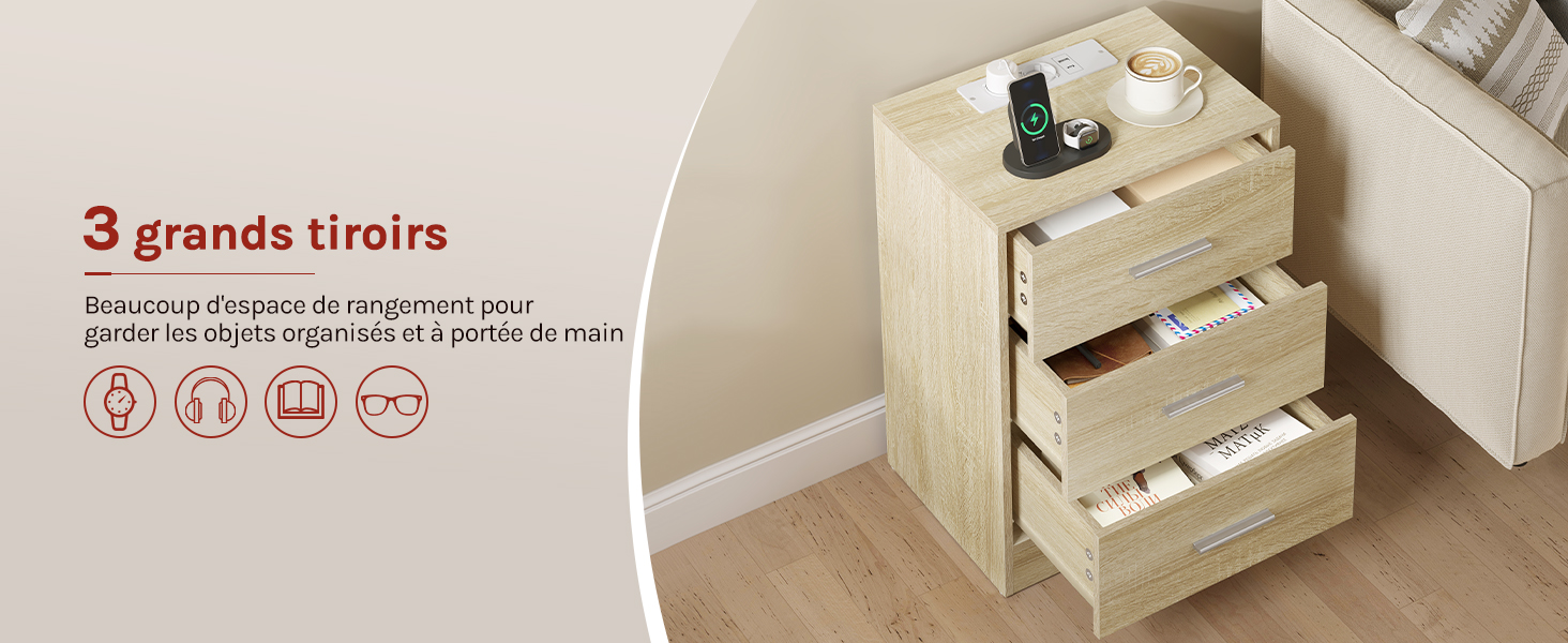 Meuble de rangement beige avec trois tiroirs coulissants, illustré ouvert pour présenter des compartiments pour l'organisation et le rangement.
