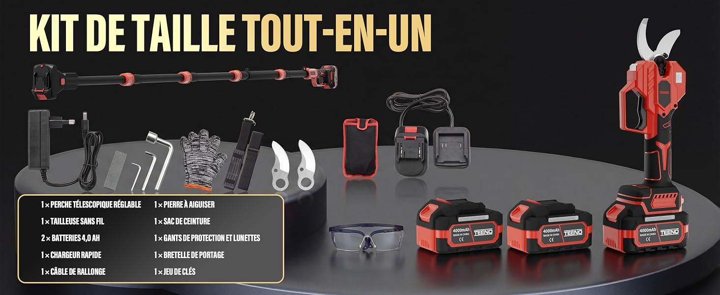 Le texte se lit comme suit : « KIT DE TAILLE TOUT-EN-UN ». Gamme de produits comprenant plusieurs outils électriques ou pièces d'équipement rouges et noirs disposés horizontalement.
