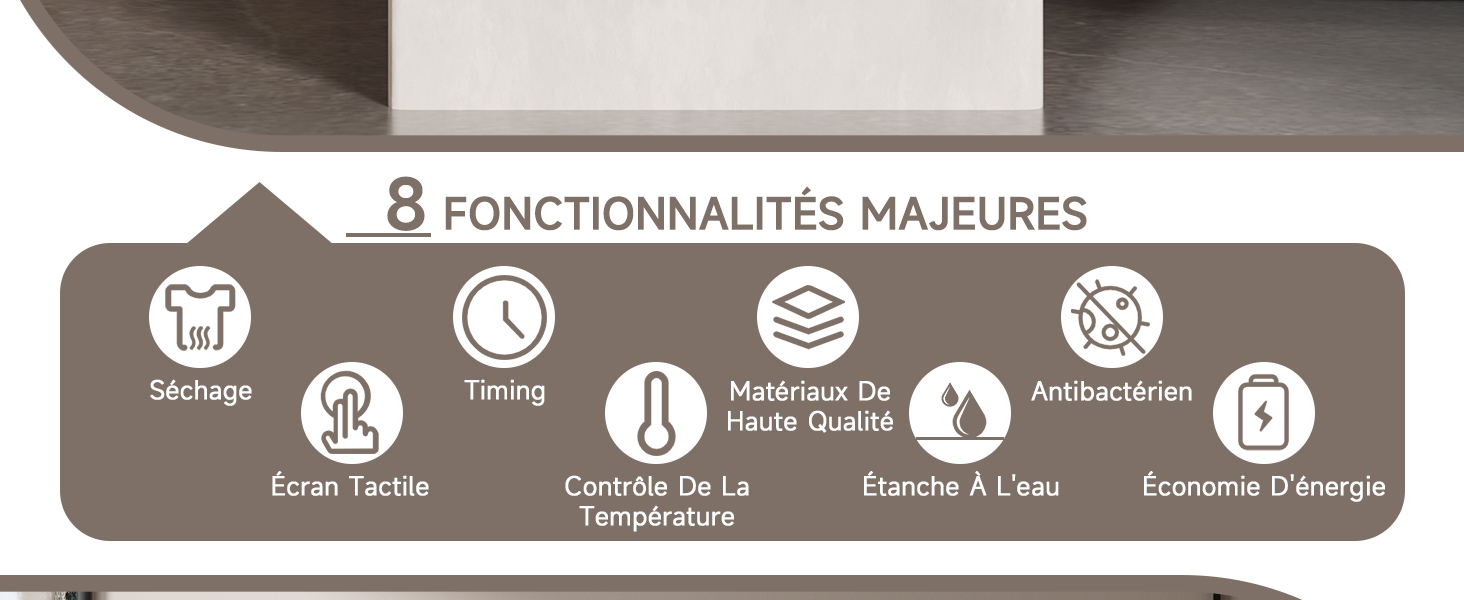 Icônes affichant les caractéristiques du produit dans un format circulaire, avec divers symboles et descriptions de fonctionnalités.