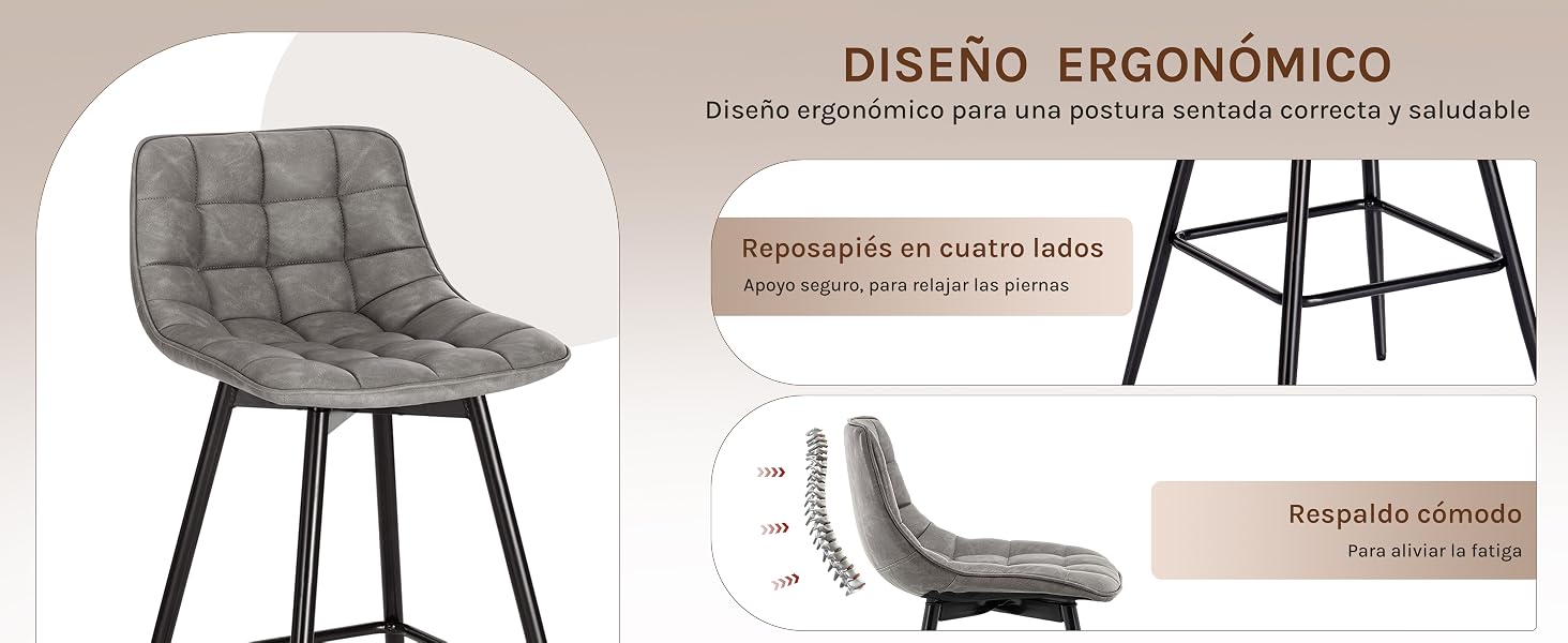 El texto dice «DISEÑO ERGONÓMICO». Modernas sillas de comedor tapizadas en gris con estampado acolchado y patas de metal negro que se muestran desde varios ángulos.
