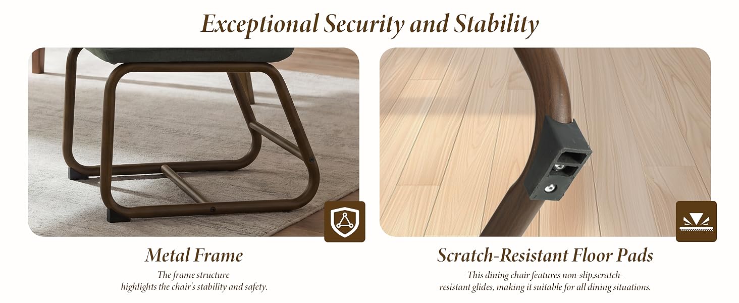 Text reads 'Exceptional Security and Stability', 'Metal Frame', 'Scratch Resistant Floor Pads'. Furniture details showing metal frame components and floor protection features.