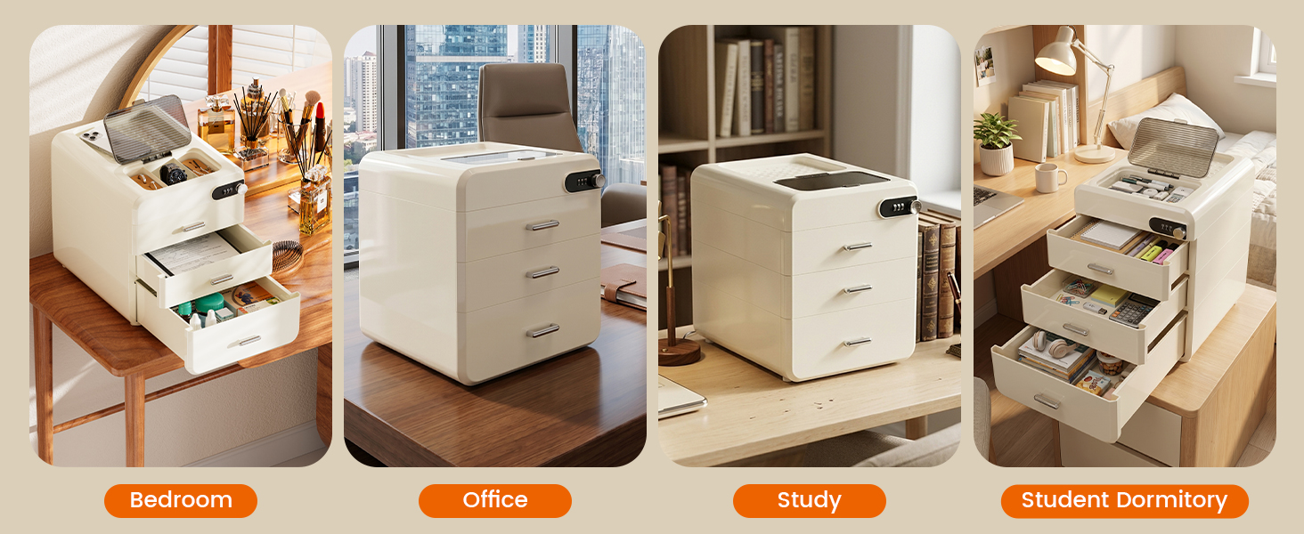 Le texte se lit comme suit : « Minimaliste », « Spécifique », « Maximiser », « Chambre à coucher ». Quatre tables de chevet de rangement de couleur beige/crème présentées sous différents angles, présentant différentes configurations de tiroirs et de compartiments.