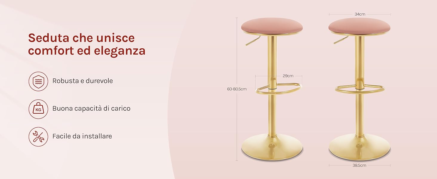 Due sgabelli da bar regolabili con sedili circolari rosa e basi in metallo color oro. Gli sgabelli sono dotati di poggiapiedi e meccanismi di sollevamento idraulici per