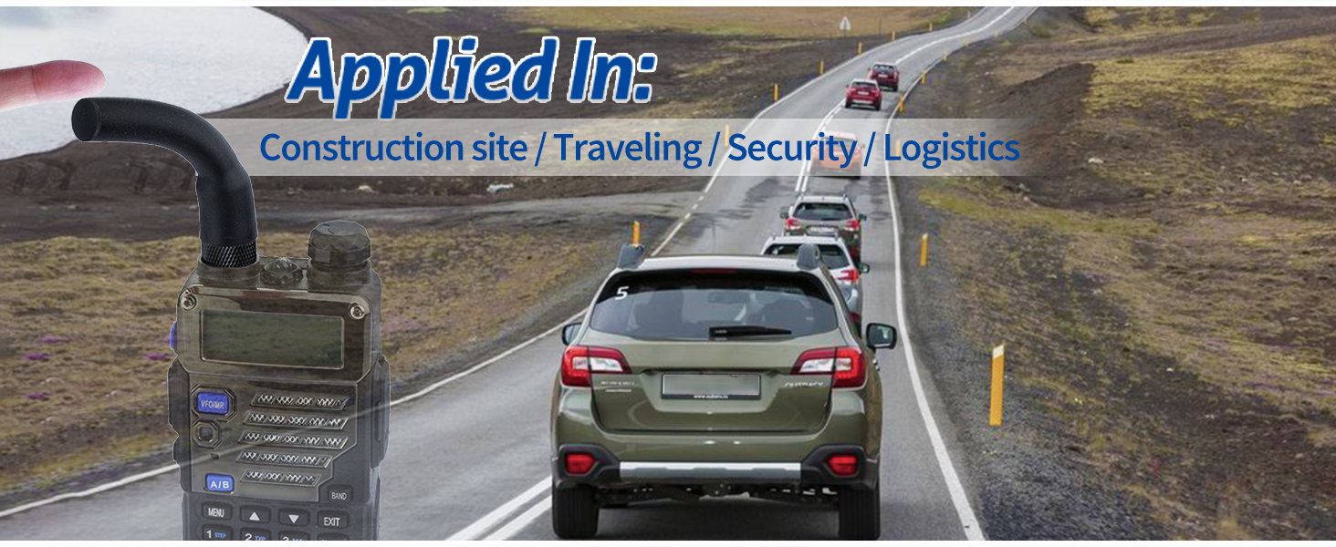 Handheld radio device shown in use for construction, traveling, security, and logistics. Image displays device, mountain road, and vehicle.