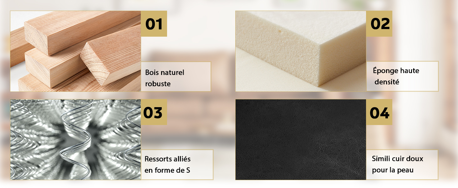 Le texte indique « 01 » à « 04 » sur l'étiquette de quatre échantillons de produits. Comparaison à quatre panneaux montrant : des planches de bois naturel, un matériau beige à texture éponge, un élément décoratif en argent et une surface texturée foncée. Présentoir d'échantillons de matériaux.