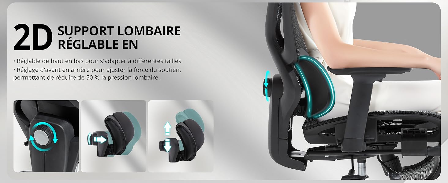 Le texte se lit comme suit : « 2D SUPPORT LOMBAIRE RÉGLABLE EN ». Schéma technique du produit montrant un mécanisme de soutien lombaire réglable avec plusieurs angles et positions.
