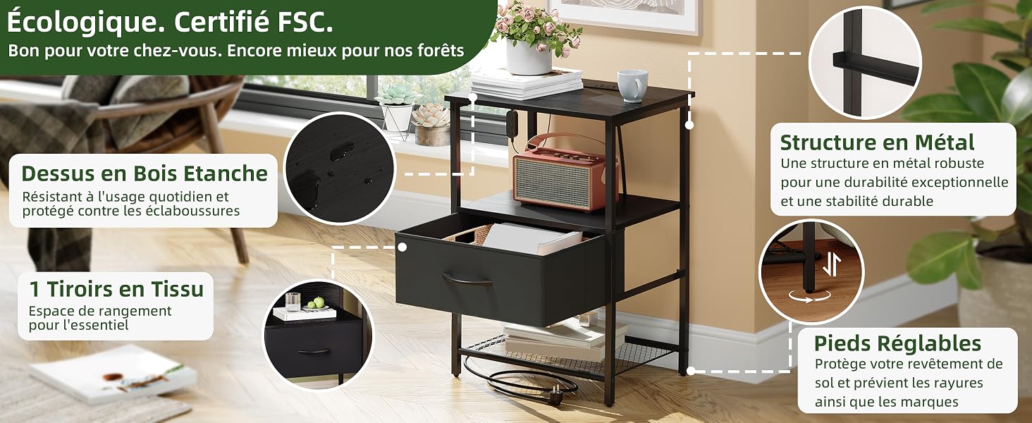 Le texte se lit comme suit : « Ecologique, Certifié FSC ». Série d'images de produits d'ameublement montrant des configurations de bureaux et de bureaux dans un style minimaliste.