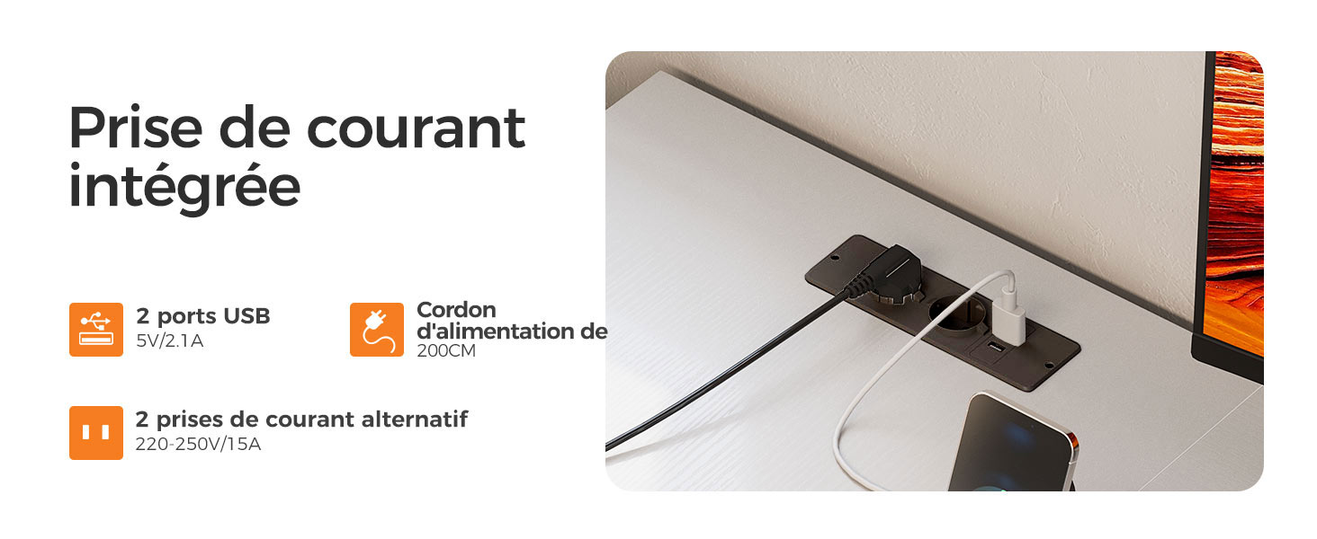 Prise de courant intégrée à une surface de bureau ou de table blanche, affichant plusieurs ports pour les connexions électriques.