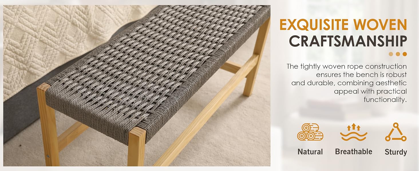 Text reads 'EXQUISITE WOVEN CRAFTSMANSHIP' with icons showing 'Natural, Breathable, Sturdy'. Gray woven rope material stretched across wooden frame.