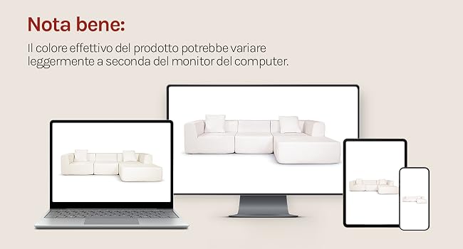 Il testo recita «Nota bene:» e «Il colore definitivo del prodotto potrebbe variare leggermente a seconda del monitor del computer». Vengono visualizzati laptop, monitor desktop e dispositivi mobili con un mockup di web design reattivo.