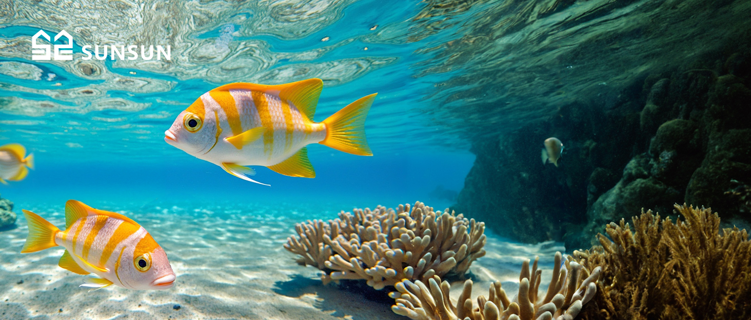 Underwater scene with two colorful tropical fish swimming above coral reefs. Clear blue water and sunlight filtering through. SunSun logo visible in top left corner.