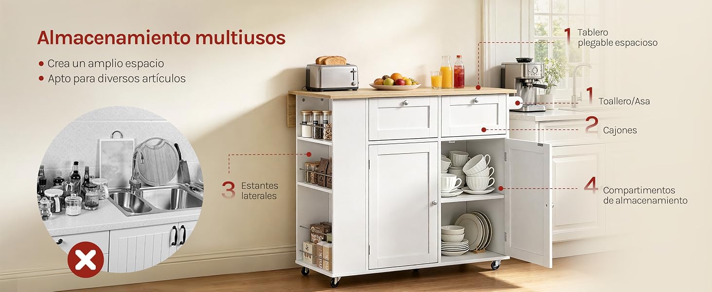 El texto dice «Almacenamiento multiusos» y «Solución organizativa de armarios y frigoríficos». La imagen muestra una unidad de almacenamiento modular blanca con estanterías, puertas de armario y accesorios de organización en un entorno de cocina con electrodomésticos.