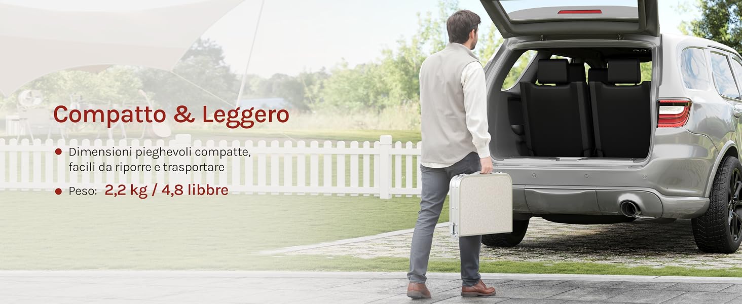 Il testo recita «Compatto &amp; Leggero». Immagini dimostrative del prodotto che mostrano la caratteristica compatta di piegare o riporre un articolo.