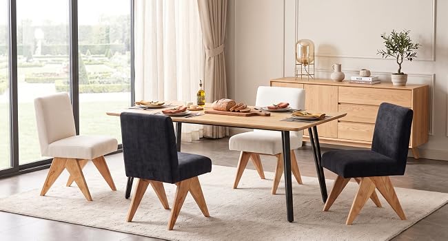 Modern dining room interior with wooden table, black chairs, large windows, natural lighting, and minimalist decor with potted plants.