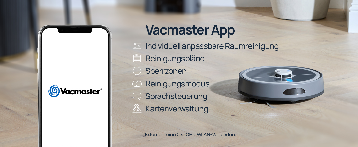 Der Text lautet „Vacmaster App“ mit den aufgeführten Funktionen: „Reinigung/Staubsaugerreinigung“, „Raumreinigung“, „Reinigungsmodus“, „Spot-Reinigung“, „Karriereverwaltung“. Smartphone, das neben dem Roboterstaubsauger eine App-Oberfläche anzeigt.