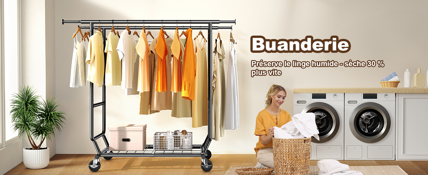 Le texte indique « Buanderie ». Étagère à vêtements de style commercial avec divers vêtements exposés sur des cintres dans le décor de la buanderie avec les machines à laver visibles.