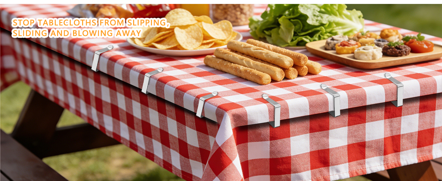 Series of outdoor dining table settings with red and white checkered tablecloths, featuring various arranged food platters and table settings.