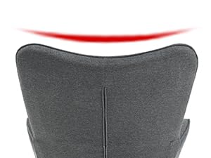 Vista parcial del respaldo de una silla, que muestra una tela tapizada gris con un borde superior curvo. Se ve una delgada línea roja a lo largo del contorno superior del respaldo