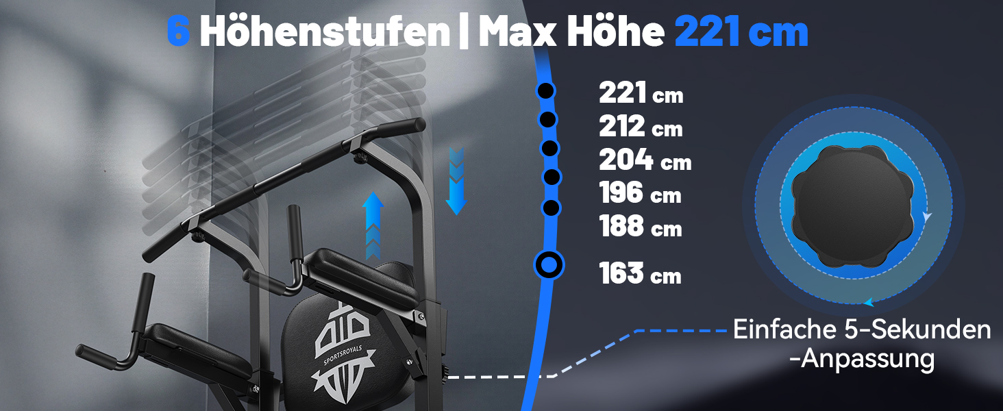 Der Text lautet „Höhenstufen | Max Höhe 221 cm“. Technisches Diagramm mit Höhenanpassungen mit Maßen von 156 cm bis 221 cm in blauen Markierungen.