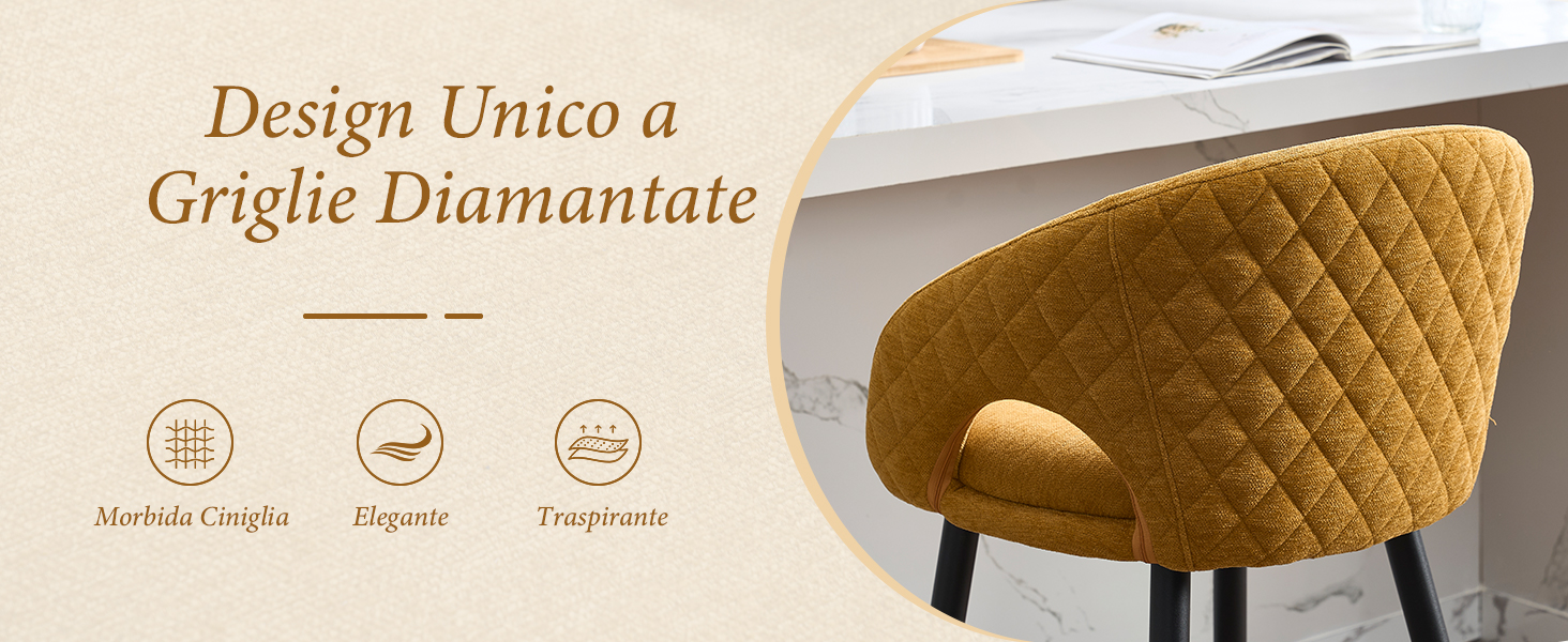 Il testo recita «Design Unico a Griglie Diamantate». Visualizzazione delle informazioni sul prodotto con tre icone circolari sottostanti, che mostrano una sedia imbottita dorata con trapuntatura a rombi.