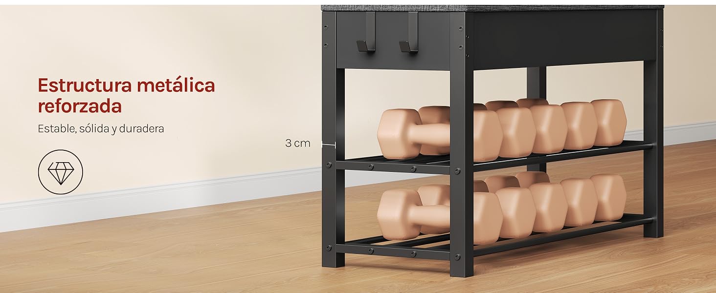 El texto dice «Estantería metálica gran volumen». Estantería industrial de metal negro con múltiples contenedores de almacenamiento de cajas de madera dispuestos en estantes, expositor de muebles de almacenamiento utilitario.