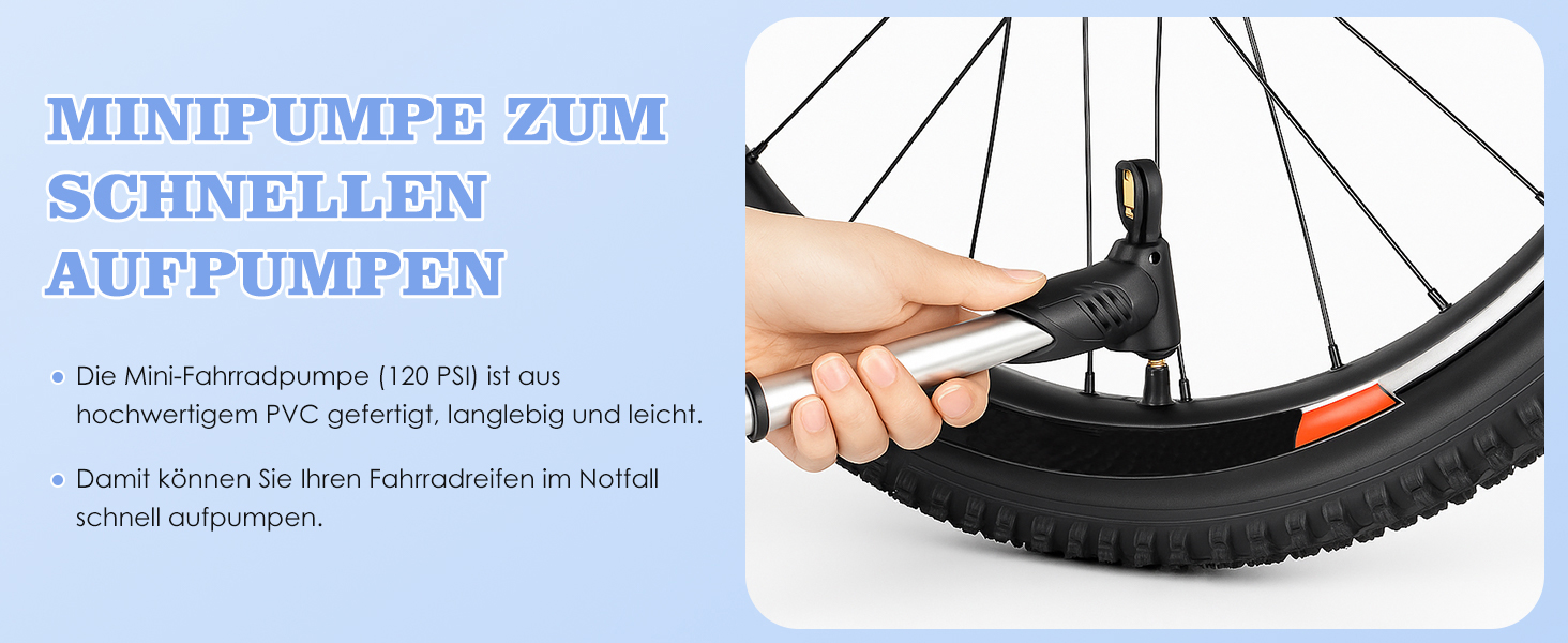 Pompe à vélo compacte fixée à la valve du pneu. Main démontrant l'utilisation. Le texte décrit la capacité de gonflage rapide des pneus de vélo, pouvant atteindre 120 psi.