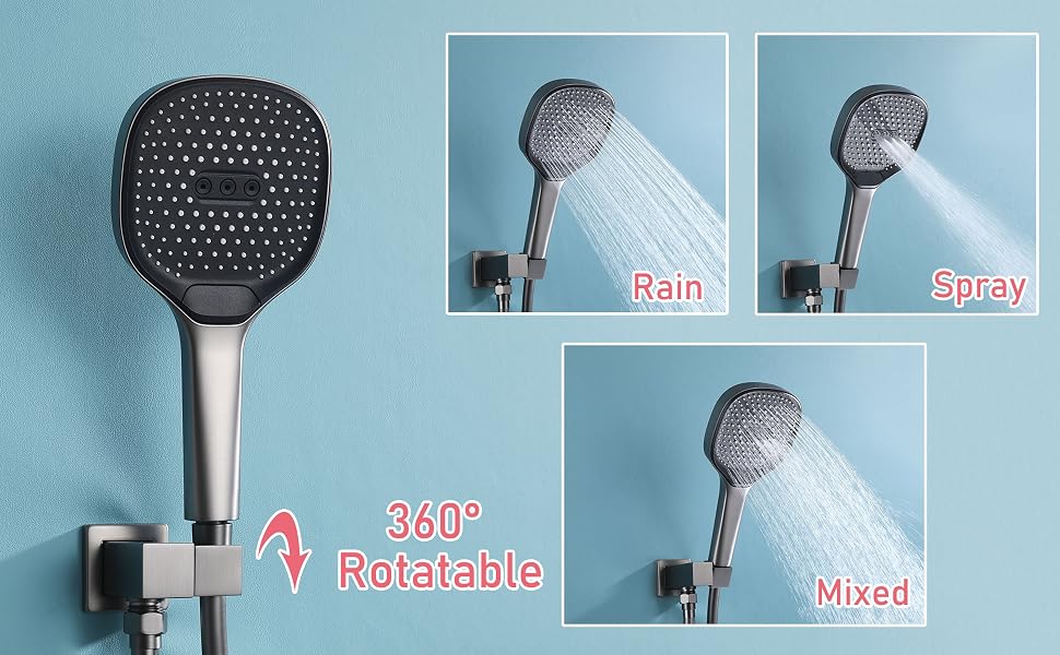 Le texte indique « Pluie », « Spray », « 360° », « Rotatable », « Mixed ». Démonstration de pommeau de douche montrant différents modèles de pulvérisation et capacités de réglage.