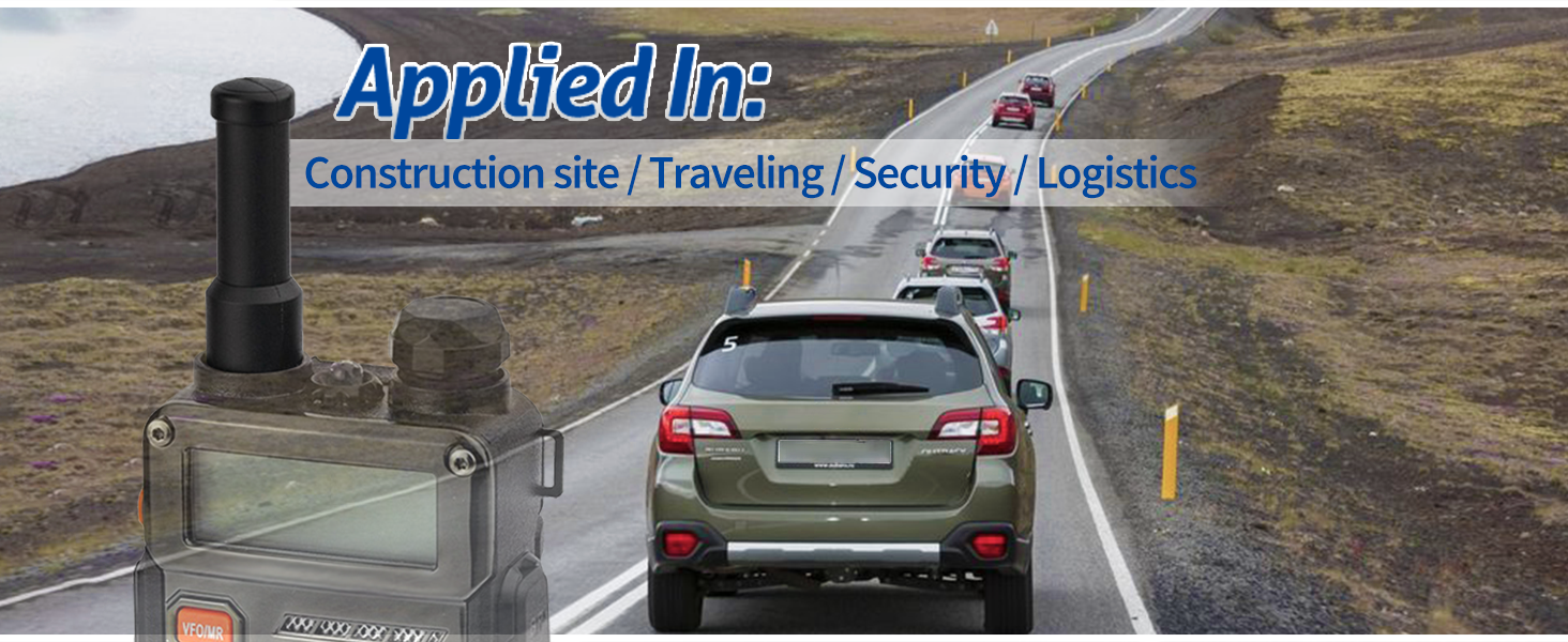Road scene with vehicles and roadside equipment. Text overlay mentions construction, traveling, security, and logistics applications.