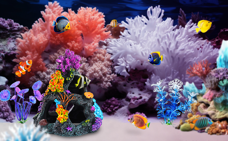 Vibrant coral reef scene with colorful fish, soft and hard corals in various shades, and a decorative aquarium ornament.