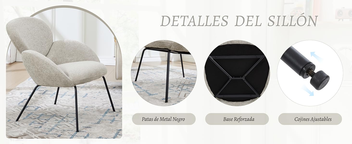 El texto dice «DETALLES DEL SILLÓN». Detalles del producto del sillón tapizado en gris que muestra diferentes ángulos y accesorios.
