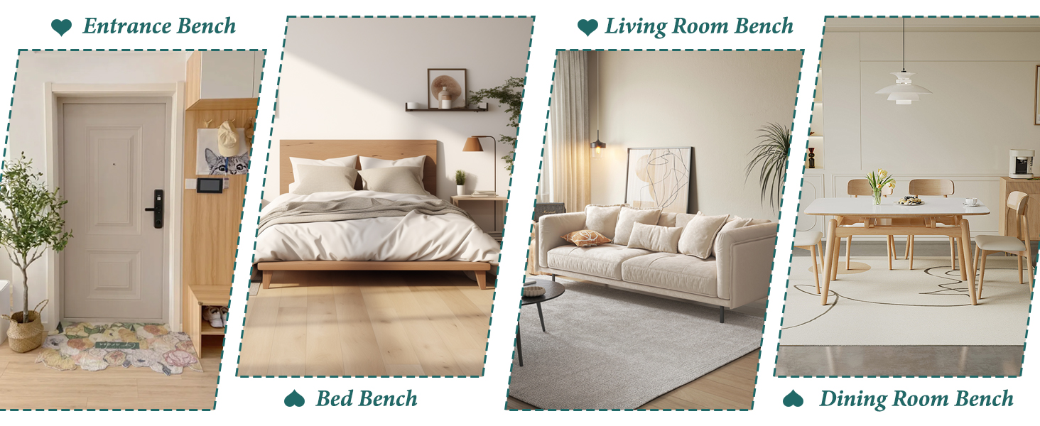 Composite image of four interior scenes: entrance with bench and plant, bedroom with bed and shelves, living room with couch, and dining area with table and chairs. Text labels identify each area.