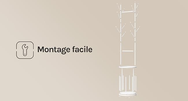 Le texte indique « Montage facile ». Schéma présentant des instructions de montage simples avec une icône et des composants de montage verticaux illustrés au format dessin au trait sur fond neutre.