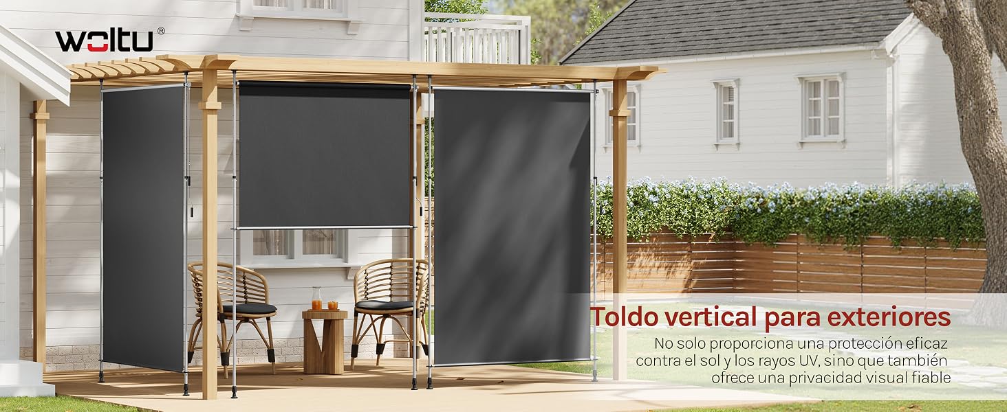 El texto dice «WOIKY» y «TECHO VERTICAL PARA EXTERIORES». La estructura de toldo o persiana vertical para exteriores se muestra en varios ajustes y configuraciones de instalación.