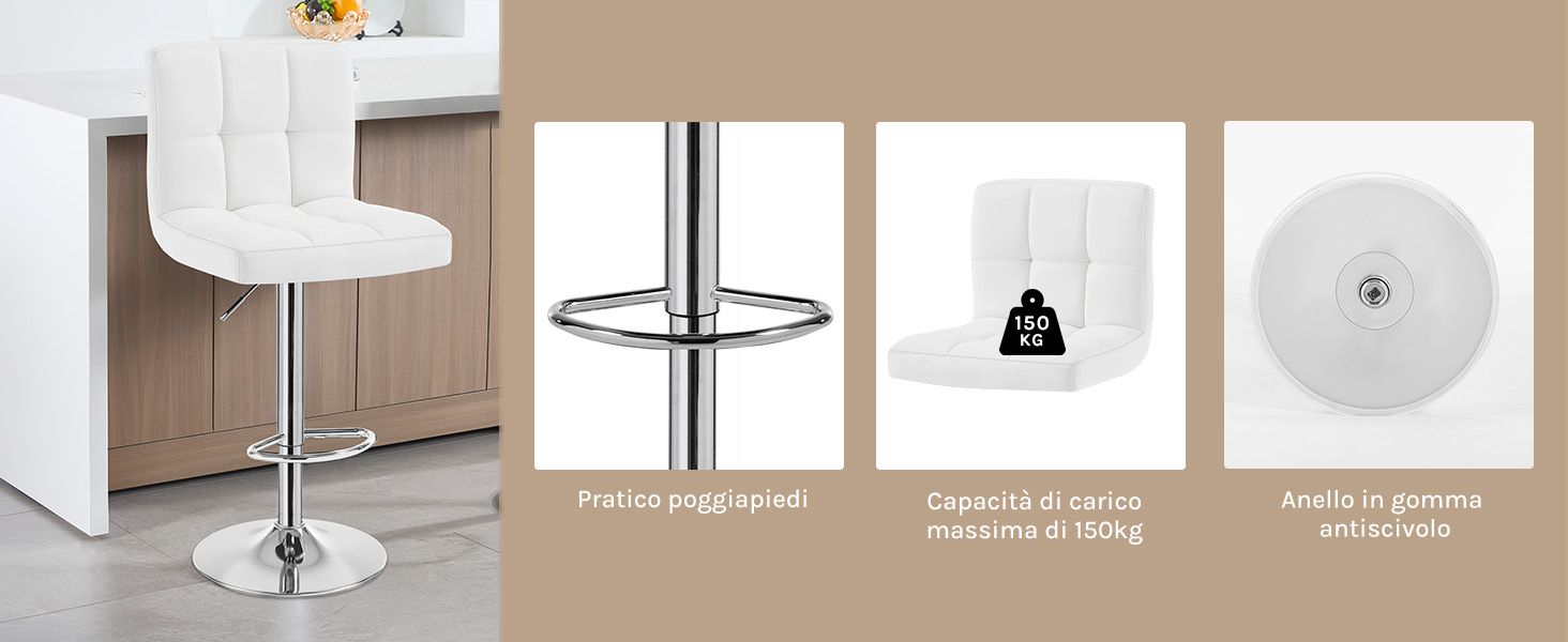 Diagramma delle specifiche del prodotto che mostra quattro viste di un moderno sgabello da bar regolabile con caratteristiche di schienale e poggiapiedi