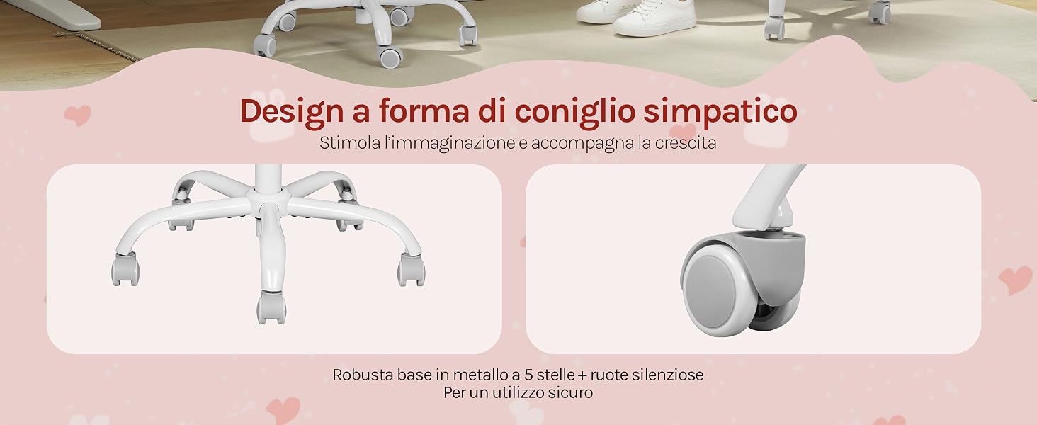 Il testo recita «Design a forma di coniglio simpatico». Diagramma colorato di rosa che mostra graziosi elementi di design a forma di coniglio con misure.