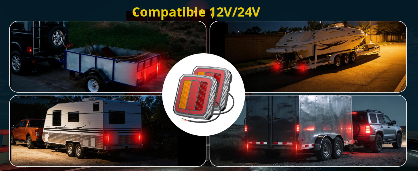 Text reads: 'Compatible 12V/24V'. Collage showing cooling product compatibility with vehicles including RV, car, and truck applications. Central circular product image surrounded by transportation and automotive usage scenarios.