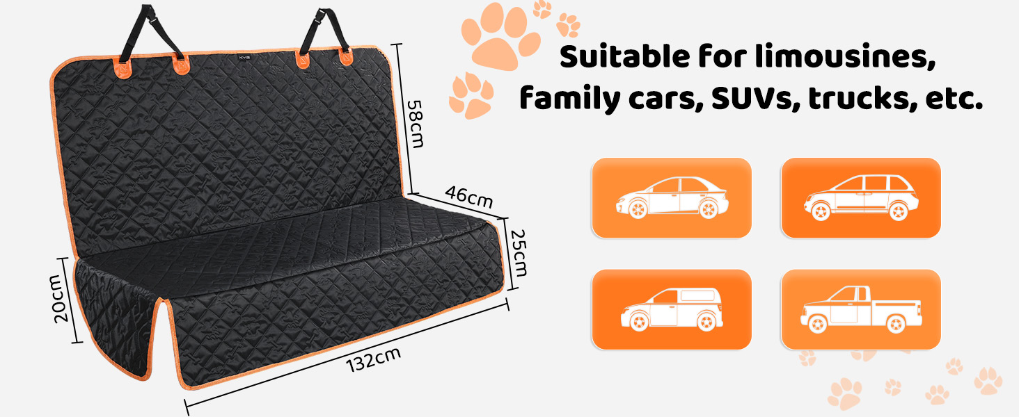 Text reads 'Suitable for limousines, family cars, SUVs, trucks, etc.' Black car seat cover with dimensions shown and orange vehicle icons indicating compatibility with different vehicle types.