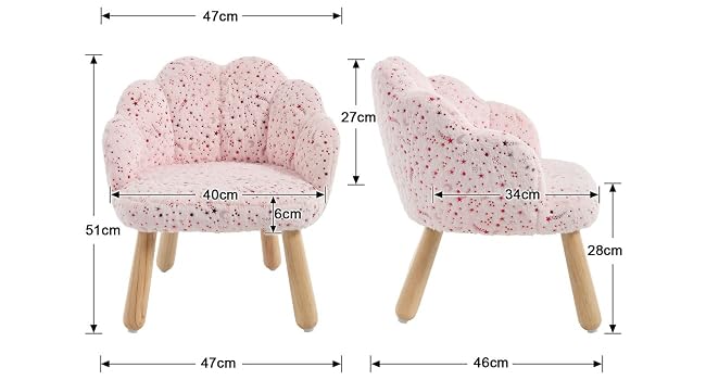 Schema tecnico che mostra le dimensioni di un oggetto decorativo maculato rosa con gambe in legno. Le misure indicate includono 47 cm di larghezza e varie altre specifiche.