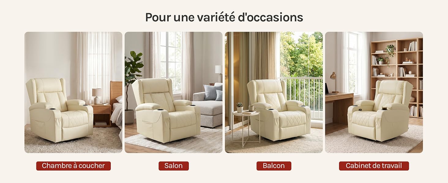 Le texte se lit comme suit : « Pour une variété d'occasions » avec quatre décors intérieurs présentés montrant des arrangements de meubles beiges et crème dans des espaces de vie dotés de fenêtres et de décorations.