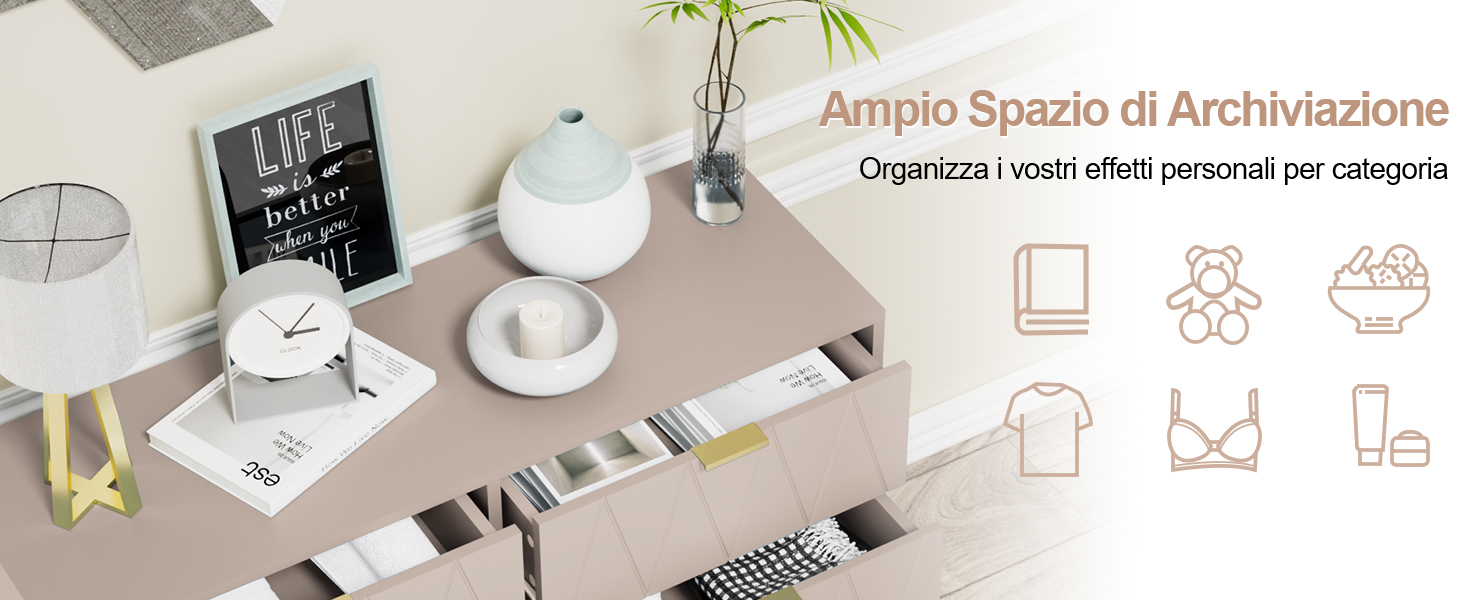 Il testo recita «Ampio Spazio di Archiviazione» con icone che mostrano vestiti e oggetti di archiviazione. Ambiente di lavoro desktop con sistema organizzativo minimalista e soluzioni di archiviazione.