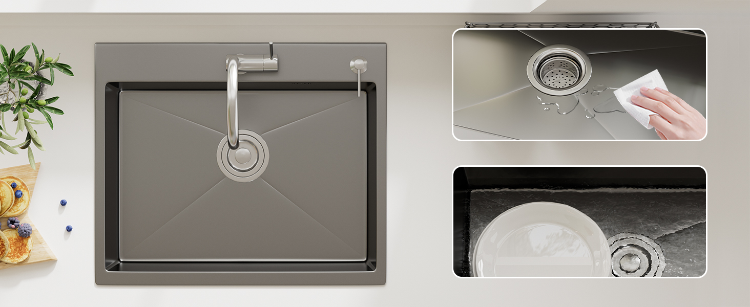 Série d'images d'éviers de cuisine montrant des éviers encastrés en acier inoxydable sous différents angles, montrant l'emplacement des drains et la conception des bassins.